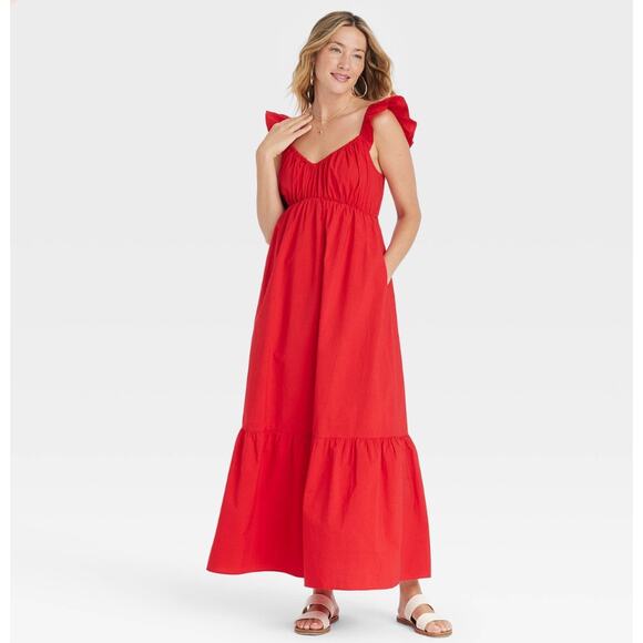 Universal Thread Women's Flutter Cap Sleeve Flowy Maxi Ruffled Dress Size L Red - Picture 1 of 8